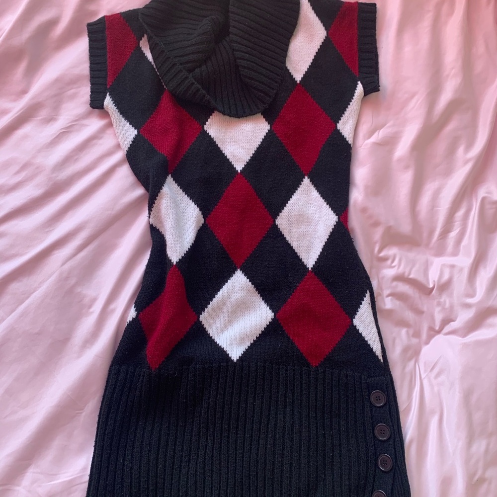 Argyle Patterned Sweater Dress - Black, Red, and White - Picture 2 of 6